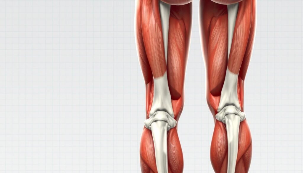 A detailed anatomical illustration of the hamstring muscles, showcased in a clean, scientific style. The image should feature a clear, well-lit view of the posterior thigh, highlighting the three distinct hamstring muscle groups - the biceps femoris, semitendinosus, and semimembranosus - in a neutral standing pose. Emphasize the muscle fibers, tendons, and origins/insertions with accurate anatomical detail, using a neutral color palette and soft shadows to create depth and volume. The background should be minimal, with a subtle grid or graph paper texture to reinforce the educational, instructional nature of the image.