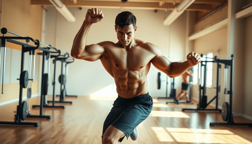 A muscular athlete performing a series of dynamic full-body exercises in a well-lit gymnasium, with clean, modern equipment and a polished hardwood floor. The scene captures the intense focus and determination of the figure as they push through a rigorous workout, sweat glistening on their defined physique. The lighting is natural and diffused, creating a sense of energy and vitality, while the minimalist setting emphasizes the individual's dedication to their physical training. The perspective is slightly elevated, allowing the viewer to observe the subject's movements and the overall intensity of the session.