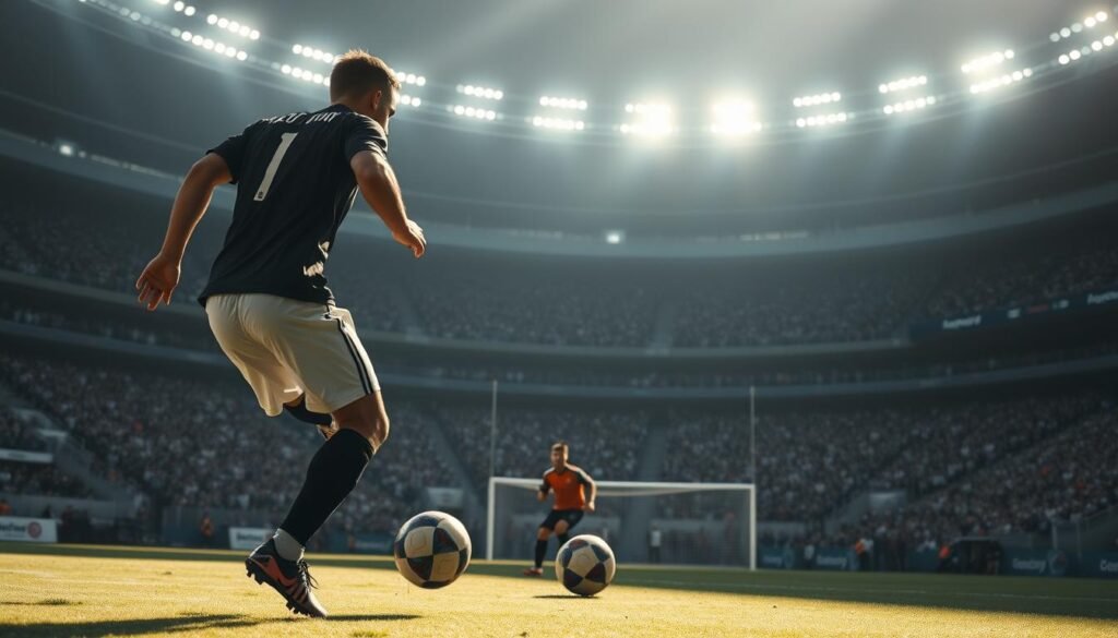 A soccer player in the foreground, poised to strike a penalty kick, their body tense with determination. The goalkeeper in the middle ground crouched, ready to dive. In the background, the stadium stands filled with spectators, the atmosphere electric with anticipation. The lighting is dramatic, casting long shadows and highlighting the players' expressions. The angle is slightly low, emphasizing the power and intensity of the moment. The mood is one of high-stakes drama, with a sense of the weight of history and the potential for redemption or heartbreak.