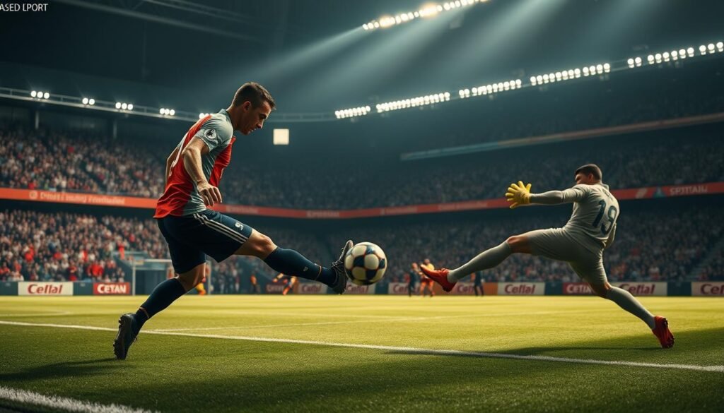 A soccer player taking a penalty kick during a high-stakes match, with the goalkeeper poised and ready to defend. The player's expression is intense, muscles tensed as they prepare to strike the ball with precision. The stadium is filled with nervous energy, fans on the edge of their seats. Dramatic lighting casts shadows on the field, heightening the drama. The ball appears to be mid-flight, its trajectory arcing towards the goal as the goalkeeper lunges to make the save. The image captures the technical, tactical, and psychological tension of a penalty kick in a crucial moment of a match.