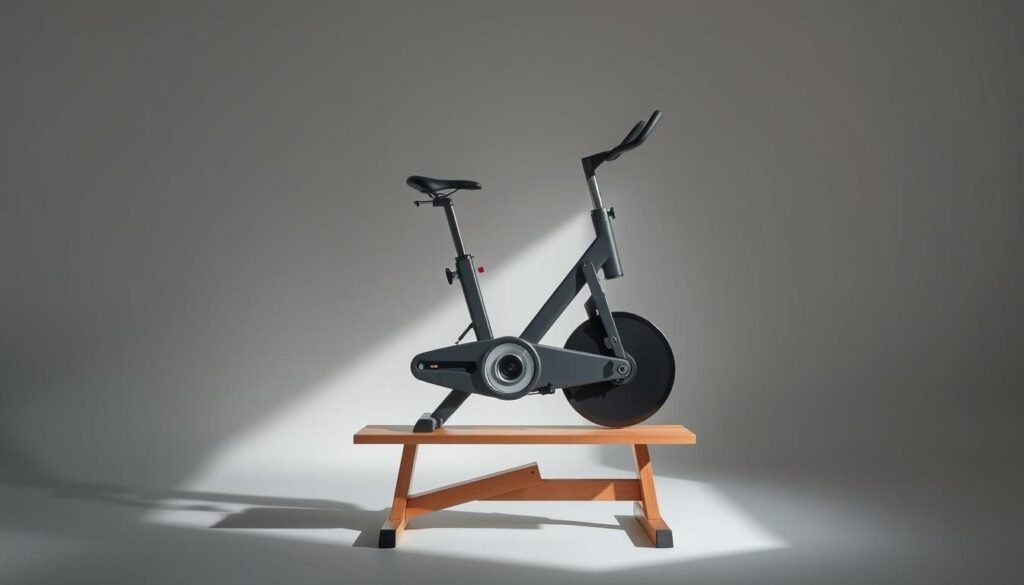 A stationary exercise bicycle placed atop a weight bench, positioned in a well-lit, minimalist studio setting. The bicycle's sleek, modern design is the focal point, with careful attention to the handlebar, seat, and pedal mechanics. Soft, even lighting from overhead creates long, dramatic shadows, emphasizing the machine's form and function. The bench's sturdy, wooden construction complements the bicycle's technological aesthetic, creating a harmonious interplay between analog and digital elements. The overall mood is one of efficiency, precision, and the synergistic relationship between strength training and cardiovascular exercise.