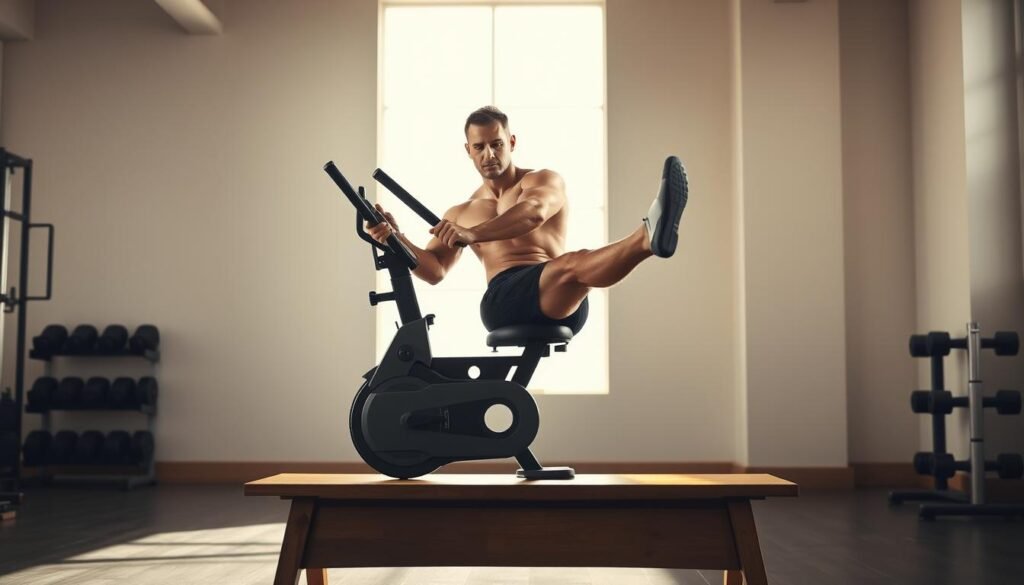 A well-lit gym interior with a prominent static exercise bike positioned on a sturdy wooden bench. The bike's sleek, modern design and the bench's clean, minimalist aesthetic create a harmonious, professional atmosphere. A muscular person is seated on the bike, their legs extended as they perform controlled hamstring curls, their expression focused and determined. The lighting casts dramatic shadows, emphasizing the contours of the hamstring muscles. The background is blurred, keeping the focus on the person and the equipment. The overall scene conveys the effectiveness and precision of this targeted hamstring-strengthening exercise.