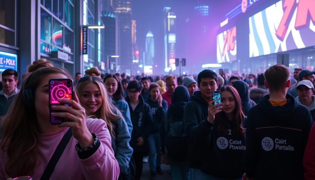 A bustling FOMO-fueled event in 2025 with Gen-Z attendees eagerly queuing to secure limited-time NFT "stadium seat" passes. The scene is bathed in neon-tinged lighting, creating an electric atmosphere. In the foreground, a group of influencers excitedly showcase their POAP-enabled stadium passes on their Instagram stories, while in the middle ground, the queue snakes around the block as eager fans jostle to be the first to claim their digital collectibles. The background is a futuristic cityscape, hinting at the convergence of digital and physical experiences. The overall mood is one of excitement, exclusivity, and the fear of missing out on a unique, limited-time opportunity.