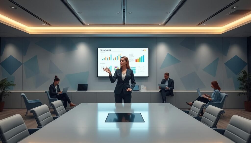 A clean, modern office setting with a large desk and comfortable chairs. A businesswoman in a sleek suit stands at the center, gesturing towards a digital presentation on a wall-mounted screen. Behind her, a team of professionals collaborate on laptops and documents, conveying a sense of efficient, collaborative governance. Soft, directional lighting from the ceiling casts a warm glow, while the background features abstract geometric patterns in soothing colors, symbolizing the structured processes and policies of corporate reporting. An air of professionalism, organization, and transparency permeates the scene.
