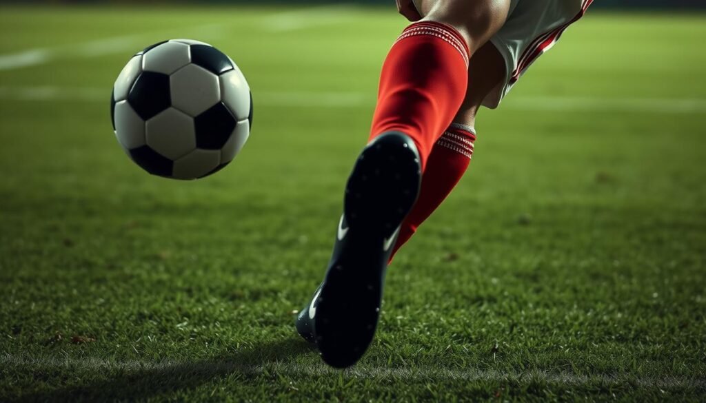 A close-up shot of a soccer player's foot about to strike a penalty kick. The player's uniform and jersey number are clearly visible, conveying the high-stakes tension of a crucial World Cup match. The ball is in the air, frozen in time, as the player's body is mid-motion, every muscle taut with focus. The grass of the pitch is lush and well-manicured, and the lighting is dramatic, with strong shadows and highlights accentuating the player's form. The background is slightly blurred, placing the penalty kick as the sole focal point, emphasizing the immense pressure and importance of the moment.