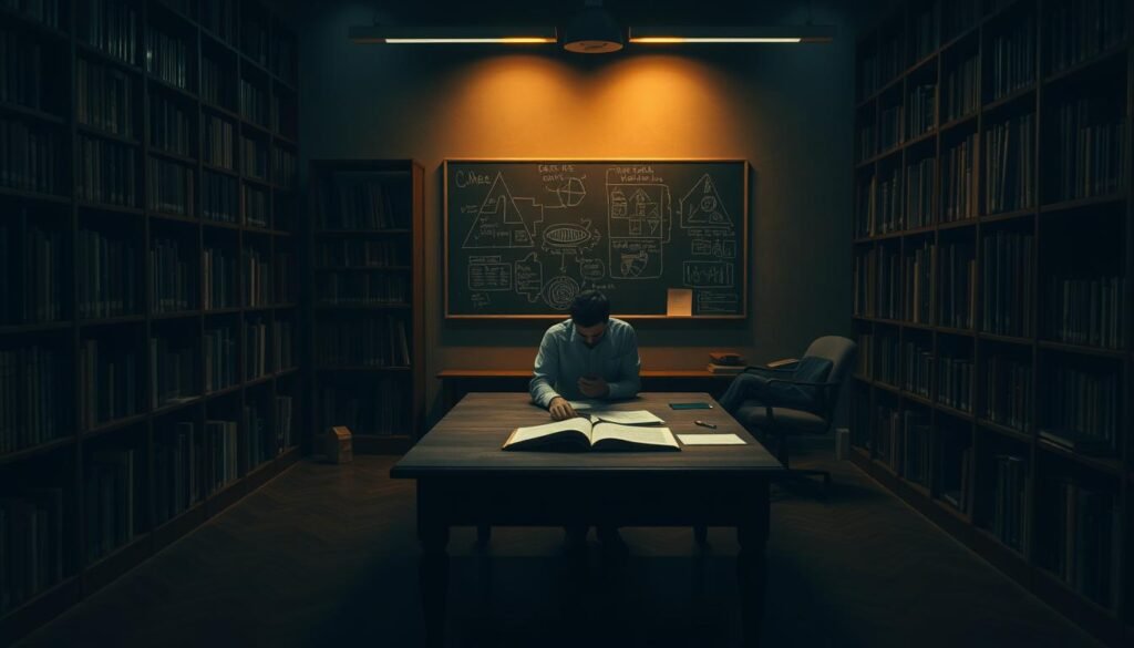 A dimly lit study room with bookshelves lining the walls, a large wooden desk in the center, and a lone researcher intently studying a case file. Soft, warm lighting casts shadows across the scene, creating an atmosphere of deep concentration and academic pursuit. The researcher's face is obscured, but their posture conveys a sense of methodical investigation. In the background, a chalkboard or whiteboard displays diagrams, charts, and notes related to the case study. The overall scene evokes a thoughtful, analytical approach to research and problem-solving.