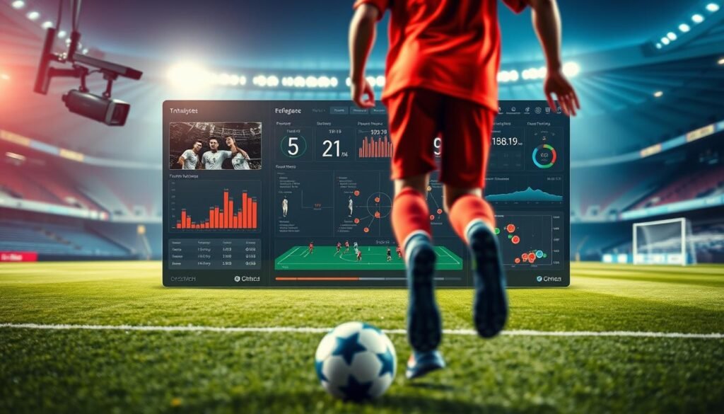 A dynamic sports analysis dashboard featuring multiple camera angles, performance metrics, and tactical overlays. In the foreground, a soccer player dribbles the ball, their movements captured by high-resolution cameras with crisp, cinematic lighting. The middle ground showcases a comprehensive interface with interactive visualizations, heat maps, and player tracking data. The background blurs into a sleek, modern stadium environment, conveying a sense of professional-grade analysis tools at the fingertips of even amateur coaches. The overall mood is one of technological sophistication and data-driven insights, empowering coaches to elevate their teams' performance.