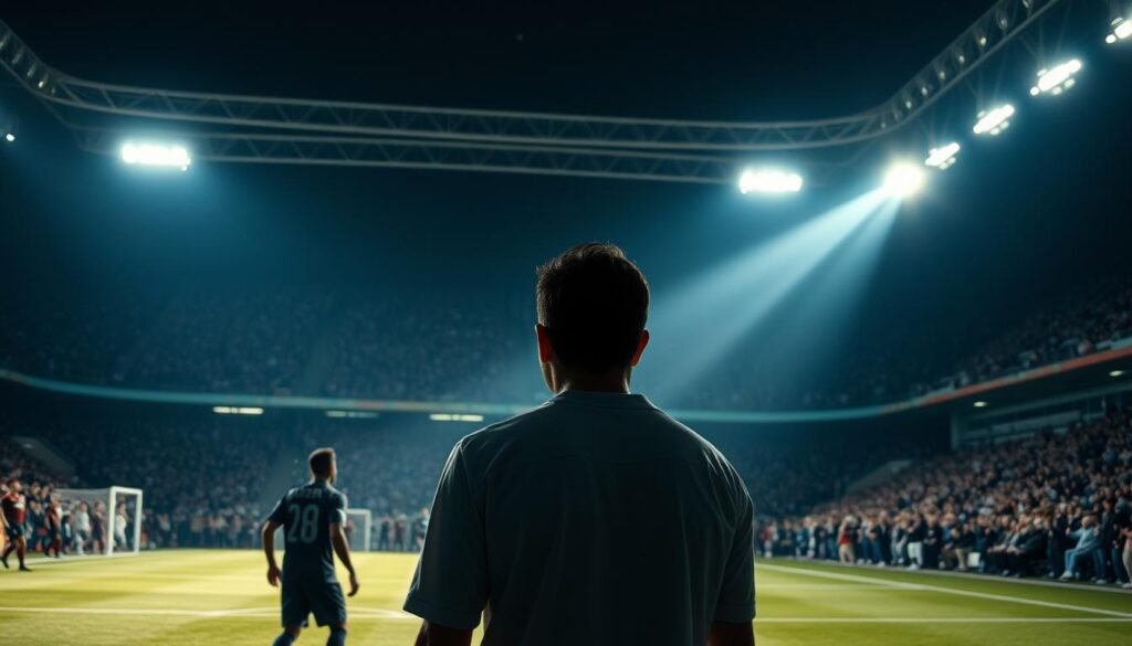 A floodlit football stadium, silhouettes of players on the pitch, the camera focused on a player about to take a penalty kick. The lighting casts dramatic shadows, creating a tense, high-stakes atmosphere. The player's face is obscured, representing the anxiety and pressure of a crucial penalty moment. The stadium is filled with spectators, their expressions a mix of anticipation and dread. The image conveys the dramatic narratives and emotional weight of penalty shootouts that have haunted Asian teams in major tournaments over the past four decades.