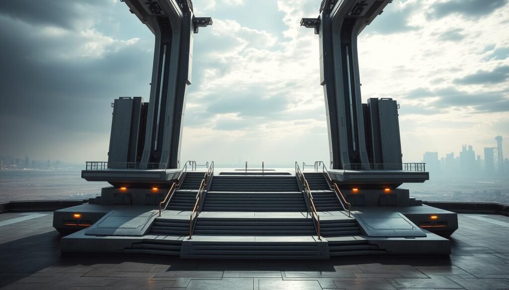 A grand, futuristic platform made of sleek, metallic panels and towering support structures. The platform is elevated, with stairs and ramps leading up to it, creating a sense of grandeur and importance. The lighting is dramatic, with a combination of bright spotlights and softer, ambient illumination, casting long shadows and creating a sense of depth and dimension. The platform is positioned against a backdrop of a vast, open space, with hints of a modern, technologically-advanced cityscape in the distance, suggesting a high-tech, urban environment.