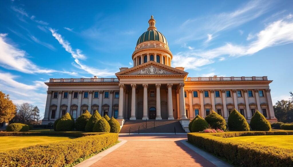 A grand, imposing government building with a classical architectural style, featuring a prominent dome and columned entryway. The structure is set against a backdrop of a clear blue sky, with wispy clouds drifting overhead. The lighting is warm and golden, casting a soft, inviting glow on the building's intricate details and ornate facade. In the foreground, a well-manicured garden with neatly trimmed hedges and flowering plants leads up to the main entrance, conveying a sense of grandeur and importance. The overall atmosphere is one of authority, tradition, and public representation, befitting the seat of a nation's legislative body.