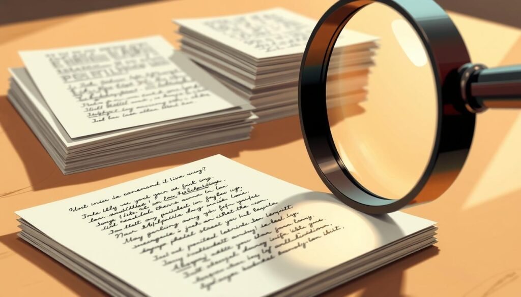 A high-resolution digital illustration depicting the "verifikasi lirik" concept. The foreground features a magnifying glass hovering over a sheet of paper, with intricate handwritten lyrics clearly visible. The middle ground showcases a stack of similar sheets, suggesting a collection of authenticated lyrical content. In the background, a warm, muted color palette creates a sense of authenticity and attention to detail. The lighting is soft and diffused, casting gentle shadows that add depth and dimension to the composition. The overall mood is one of careful scrutiny and scholarly appreciation for the craft of songwriting.