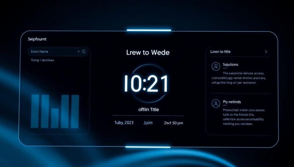 A minimalist, sleek digital dashboard display showcasing the key event information. Prominent center date in a crisp, modern font surrounded by a glowing circular accent. Smaller details like event title, access instructions, and joining methods arranged neatly around the date in a clean, user-friendly layout. Soft, cool-toned lighting creates a sense of sophistication and professionalism. Subtle holographic or interface-like elements add a touch of futuristic ambiance. The overall aesthetic is streamlined, informative, and optimized for easy comprehension at a glance.
