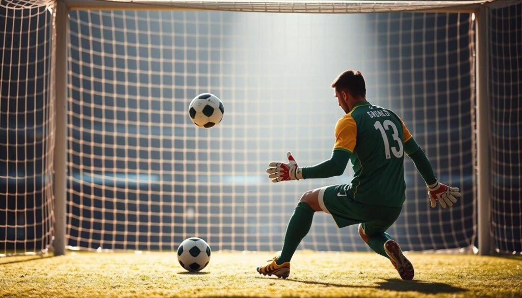 A penalty kick at the 11-meter mark, the ball soaring with precision, its trajectory meticulously planned. The goalkeeper, poised and focused, anticipates the shot's angle and speed, ready to react with lightning-quick reflexes. The scene captures the technical nuances of this pivotal moment, where the fate of the game hangs in the balance. Dramatic lighting casts dramatic shadows, heightening the tension and intensity of the moment. The background is blurred, drawing the viewer's attention to the decisive action unfolding at the penalty spot. This image encapsulates the technical factors that can make or break a penalty kick, a critical component of the analysis on the "curse" of penalty shootouts for Asian teams in the World Cup.