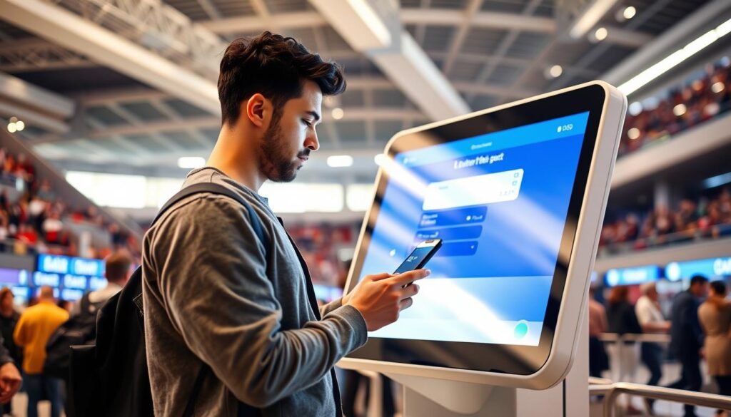 A person standing in front of a large, modern digital ticketing kiosk, examining a ticket on their mobile device with a look of concentration. The kiosk is sleek and minimalist, with a large touchscreen display and a futuristic aesthetic. The background is a busy stadium concourse, with crowds of people moving around and the sound of excitement in the air. The lighting is bright and clean, with a warm, inviting tone that conveys a sense of anticipation and enthusiasm. The person is dressed in casual, contemporary attire, their expression focused as they navigate the ticketing process, immersed in the experience of securing their access to the upcoming event.