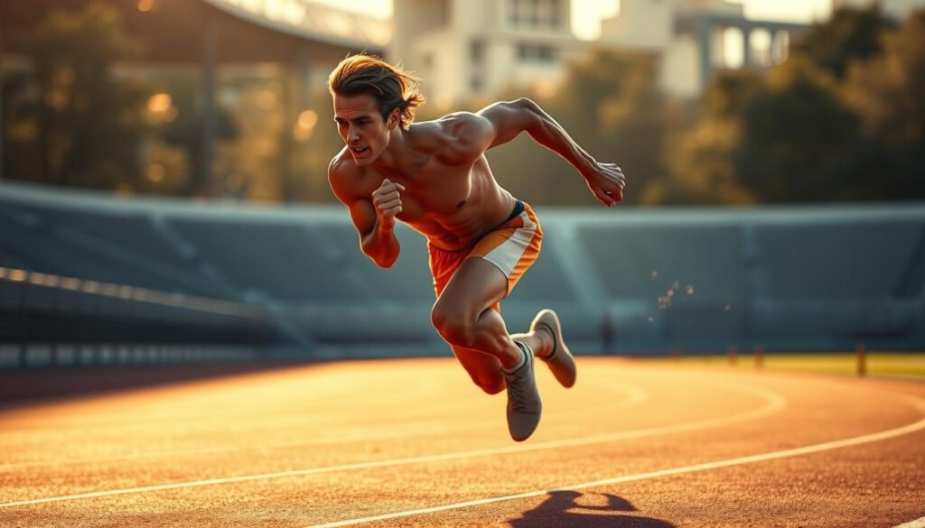 A professional athlete sprinting on a racetrack, his muscles straining with each powerful stride. The track is bathed in warm, golden sunlight, casting long shadows that accentuate his form. The scene is captured with a sharp focus, highlighting the tension in his body and the intensity of his expression as he pushes himself to the limit. The background is softly blurred, drawing the viewer's attention to the central figure and the raw energy of his movement. The overall composition conveys the dynamic impact of sprinting without a proper warm-up, hinting at both the potential benefits and risks.