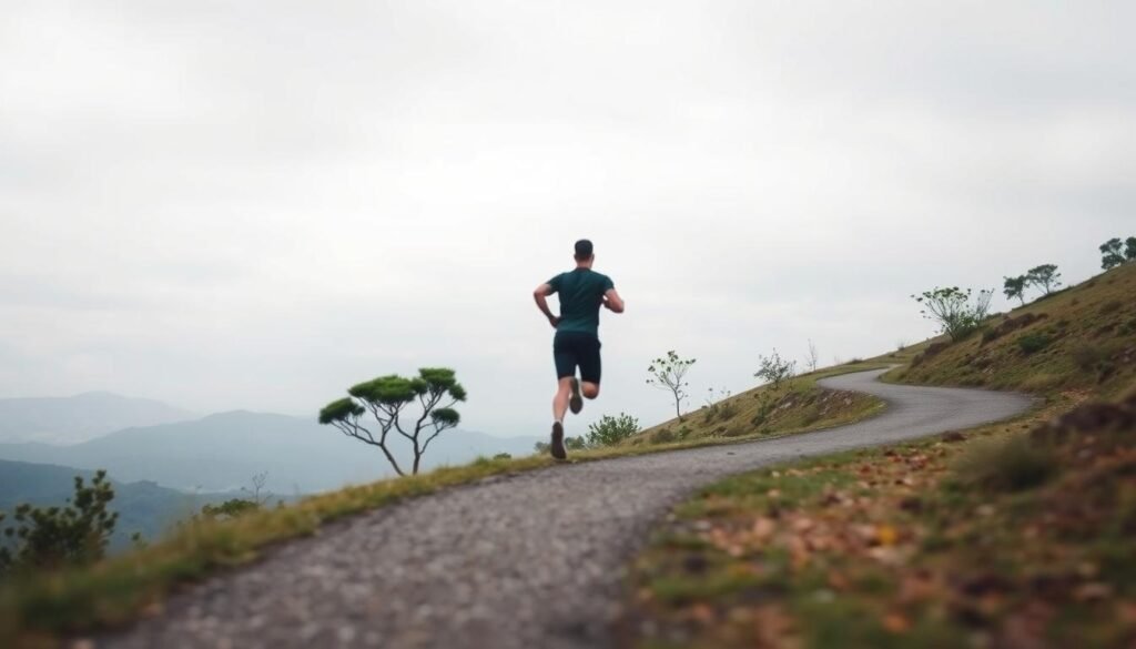 A serene landscape with a lone runner on a winding path, their stride slowing as they ascend a gentle hill. The sky is overcast, casting a soft, diffused light that emphasizes the runner's silhouette. In the foreground, the path fades into a blur, symbolizing the gradual loss of speed and acceleration. The middle ground features scattered trees and foliage, conveying a sense of tranquility and natural harmony. In the background, distant mountains loom, hinting at the challenges and trade-offs that come with athletic performance. The overall mood is one of contemplation and the acknowledgment of physical limitations.