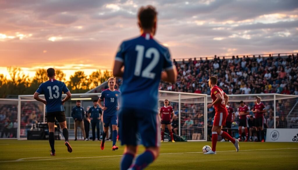 A soccer field at dusk, bathed in warm golden light. In the foreground, a group of players engaged in a match, their movements fluid and dynamic. The middle ground reveals a team bench, where medical staff attentively monitor the players' condition. In the background, a crowd of spectators watches intently, their expressions of excitement and concern capturing the intensity of the game. The scene conveys the high-stakes nature of professional soccer, with the implications of the research findings on player health and performance subtly woven into the visuals.