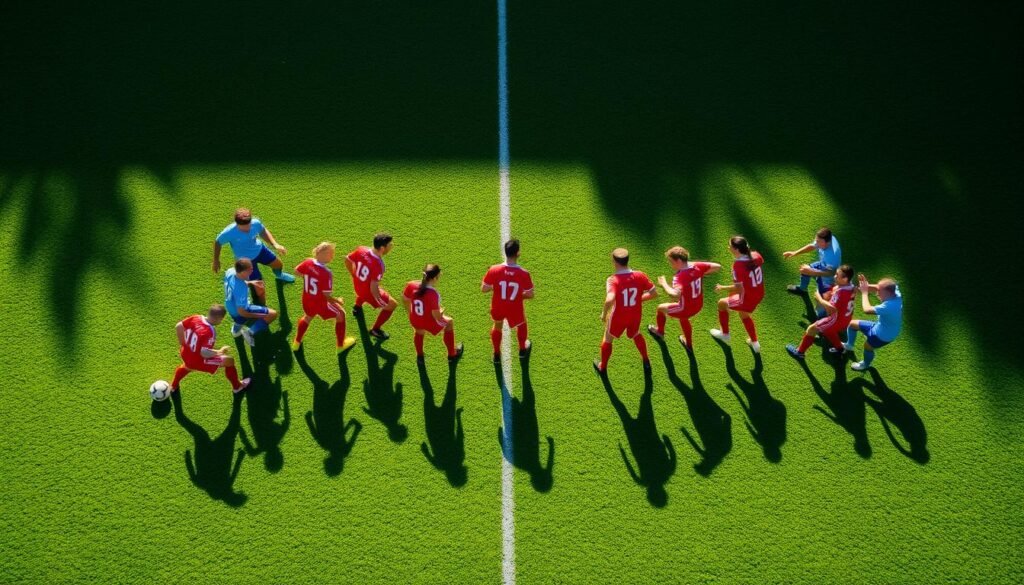A soccer field with two groups of players, one wearing red uniforms and the other in blue. The players are engaged in a match, their movements captured in dynamic poses. The lighting is natural, casting long shadows across the pristine green turf. The camera angle is elevated, providing a birds-eye view of the game, allowing for a clear comparison of the two teams' strategies and performance. The atmosphere is tense, with a sense of competition and determination. The image should convey the essence of the experiment, highlighting the differences between the control and experimental groups.