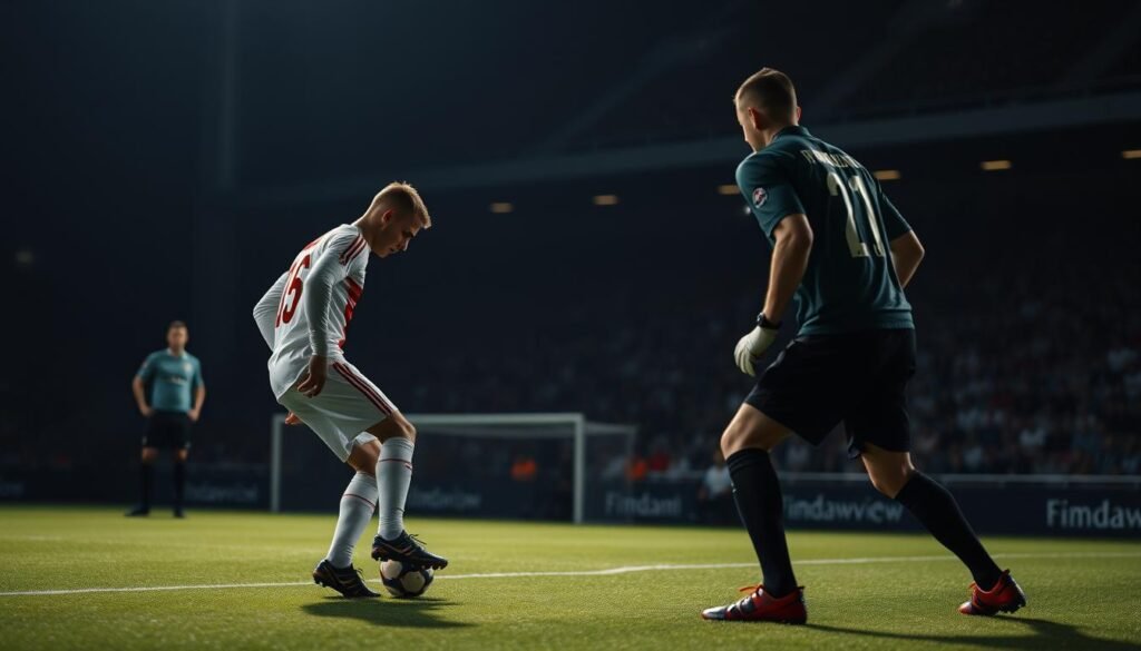 A soccer penalty kick setup, with players lining up, goalkeeper poised, and the kicker carefully preparing their shot. The scene is set in a dimly lit stadium, with dramatic lighting casting long shadows across the field. The kicker's face is focused, brow furrowed, as they visualize the trajectory of the ball. The goalkeeper stands alert, their muscles tense, ready to spring into action. The crowd in the background is blurred, creating a sense of tension and anticipation. The image conveys the high-stakes moment before a crucial penalty kick, where strategy and mental focus can make the difference between victory and defeat.