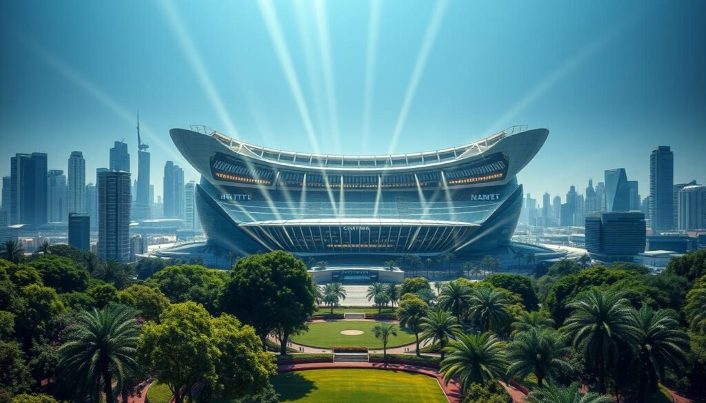A vast, gleaming metropolis stretches out before us, its skyline punctuated by a towering, futuristic stadium. Sleek, angular lines and shimmering glass facades create an awe-inspiring structure, a testament to humanity's technological prowess. The stadium's expansive roof appears to float effortlessly, harnessing advanced materials and engineering to defy gravity. In the foreground, a lush, manicured landscape frames the edifice, with verdant trees and vibrant flora adding a touch of natural beauty. Beams of light dance across the scene, casting an ethereal glow and imbuing the entire tableau with a sense of boundless possibility. This is the future of sports, a virtual realm where the boundaries of the physical world fade away, and the spectacle of live events transcends the limitations of the past.