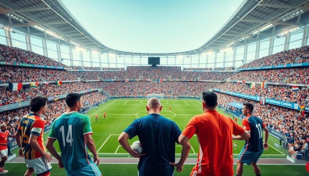 A vibrant and dynamic scene of an international football competition taking place in a modern stadium filled with enthusiastic fans. In the foreground, a diverse group of athletes wearing colorful team jerseys showcases intense concentration, each poised to kick a football. The middle ground features a lush green pitch, adorned with iconic flags of participating countries, while coaches and staff can be seen gesturing passionately from the sidelines. The background captures a packed crowd, waving banners and creating an electrifying atmosphere under bright stadium lights, with a clear blue sky visible in the upper sections. The camera angle is slightly elevated, emphasizing the action on the field while showcasing the grandeur of the stadium. The overall mood is energetic and festive, embodying the spirit of international competition and sportsmanship.