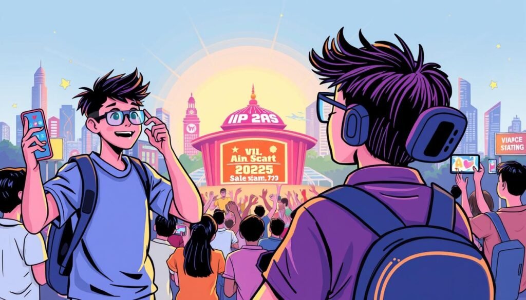 A vibrant, dynamic illustration depicting the impact of the "VIP Tickets 2025" trend on Indonesian creators and brands. In the foreground, a young creator confidently shares an immersive AR filter on their mobile device, engaging an enthusiastic audience. In the middle ground, a brand showcases their innovative products through an eye-catching, interactive display. The background features a bustling, technologically-advanced cityscape, symbolizing the evolving digital landscape. Vibrant colors, clean lines, and a sense of energy capture the excitement and potential of this new era of social media marketing and creator-brand collaboration.