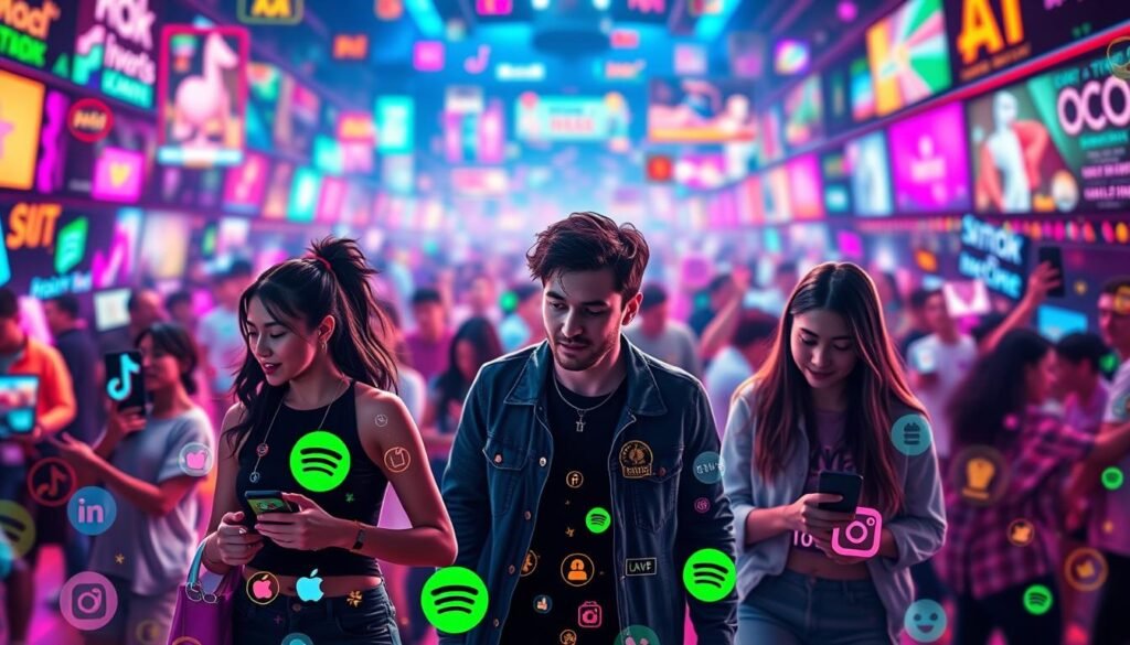 A vibrant, dynamic scene depicting the interconnected ecosystem of social media platforms. In the foreground, a collage of brightly colored icons and logos representing TikTok, Spotify, and Instagram Reels, all intertwined in a seamless dance. The middle ground features young, tech-savvy individuals immersed in their digital experiences, their expressions conveying a sense of excitement and engagement. In the background, a blurred, pulsating landscape of trending hashtags, viral challenges, and endless content feeds, creating an atmospheric sense of the ever-evolving, fast-paced nature of the social media landscape. The lighting is a harmonious blend of neon hues, reflecting the cutting-edge, futuristic feel of the scene. The overall composition and camera angle suggest a bird's-eye view, emphasizing the scale and interconnectivity of this digital ecosystem.
