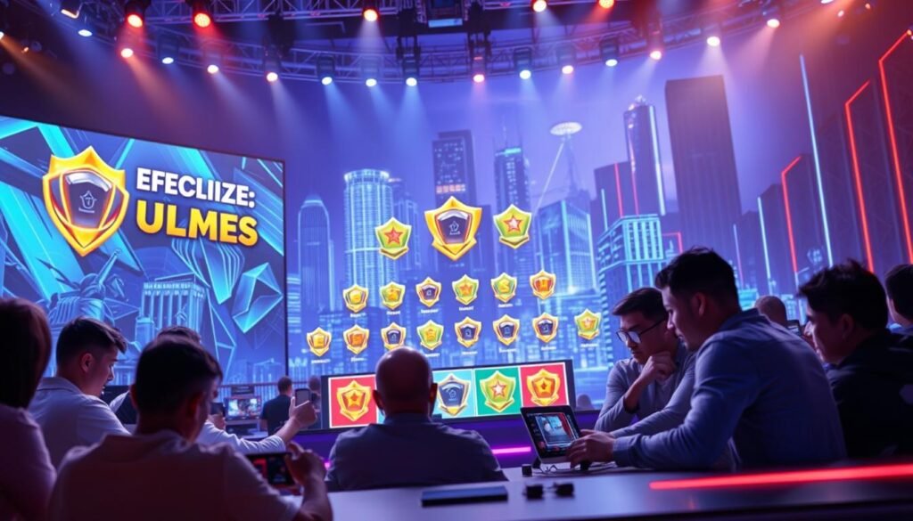 A vibrant online competition stage featuring a dynamic array of bonus features, set against a backdrop of a sleek, high-tech interface. In the foreground, a group of gamers engaged in a thrilling match, their expressions intense as they vie for the top prize. The middle ground showcases an array of prize icons, glowing with a sense of anticipation. The background depicts a futuristic cityscape, its skyscrapers and neon lights creating an atmosphere of excitement and innovation. Soft, diffused lighting illuminates the scene, casting a warm glow over the participants and the prize pool. The overall mood is one of energy, competition, and the thrill of earning exclusive rewards through skill and strategy.
