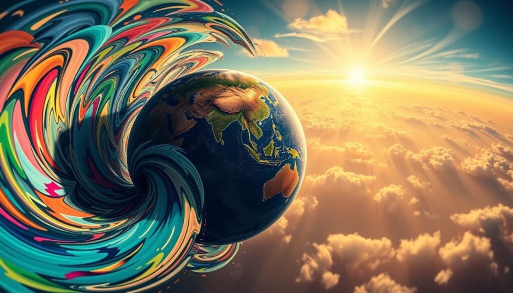 A vibrant, panoramic view of the world, captured with a wide-angle lens and dramatic lighting. In the foreground, a swirling vortex of colorful, abstract shapes and patterns represents the dynamic, ever-changing nature of global trends and market fluctuations. The middle ground features a detailed, three-dimensional globe, with continents and oceans rendered in striking, photorealistic detail. In the background, a hazy, ethereal skyscape, filled with wispy clouds and shafts of warm, golden light, conveys a sense of boundless potential and possibility. The overall composition evokes a sense of wonder, change, and the interconnectedness of the world.