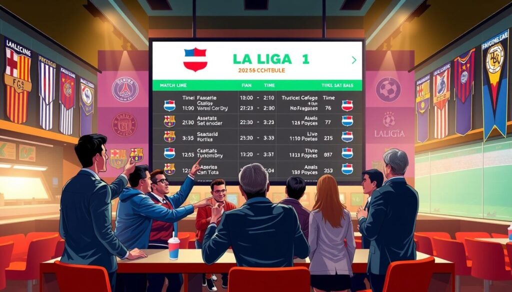 A vivid illustration of a busy La Liga match schedule displayed on a large digital screen in a modern sports bar, with sleek furniture and vibrant team colors in the decor. In the foreground, a group of excited fans in professional casual attire are gathered around a table, pointing at the screen and discussing the upcoming matches. The middle ground features the illuminated digital screen showing various match times and teams, with bright LED lights promoting the excitement of live soccer. The background includes sports memorabilia and banners of famous La Liga teams, enhancing the atmosphere. The scene is well-lit, capturing the dynamic energy of match day, with a focus on camaraderie and anticipation.