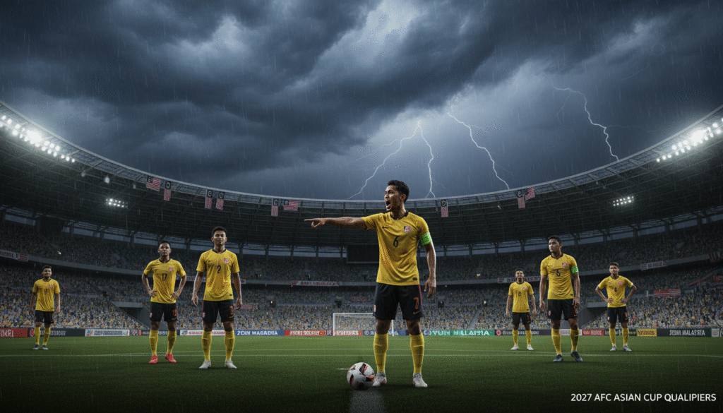 A dramatic scene depicting the looming threat of the 2027 AFC Asian Cup qualifications for Malaysia, featuring a tense atmosphere surrounding a football (soccer) match. In the foreground, a diverse group of players dressed in professional sports attire displays determination and concern, their faces reflecting the pressure of qualifying. The middle ground showcases an empty stadium filled with banners and flags representing Malaysia, emphasizing national pride. The background features stormy skies, symbolizing uncertainty and challenges ahead. The lighting should be dynamic, casting long shadows and highlighting the players, with a sharp focus on the intensity of their expressions. The image conveys a sense of urgency and the weight of expectations as Malaysia's football future hangs in the balance.