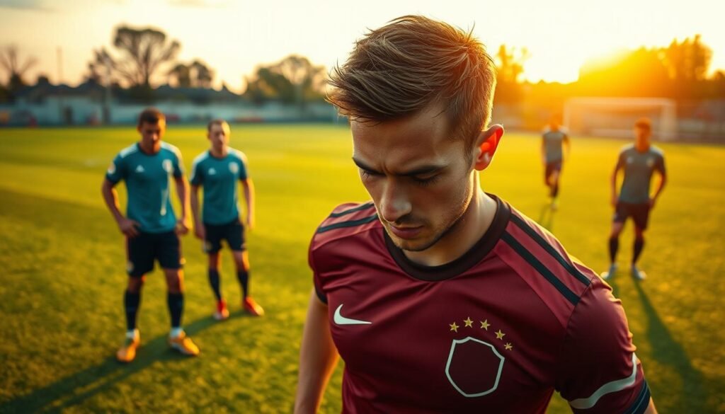 A dynamic scene depicting a professional soccer player experiencing fatigue on the field, with a focus on the depletion of glycogen. In the foreground, the athlete shows signs of exhaustion, beads of sweat on their brow, wearing a standard soccer jersey. The middle ground features a vibrant green soccer field, with teammates in the background engaged in practice, contrasting energy levels. Above them, a late afternoon sky casts warm golden light, enhancing the emotional tone of fatigue and determination. Close-up shots should highlight muscle definition and effort, reinforcing the role of glycogen depletion in performance. The overall mood is tense yet hopeful, encapsulating the struggle and perseverance of athletes during intense play.