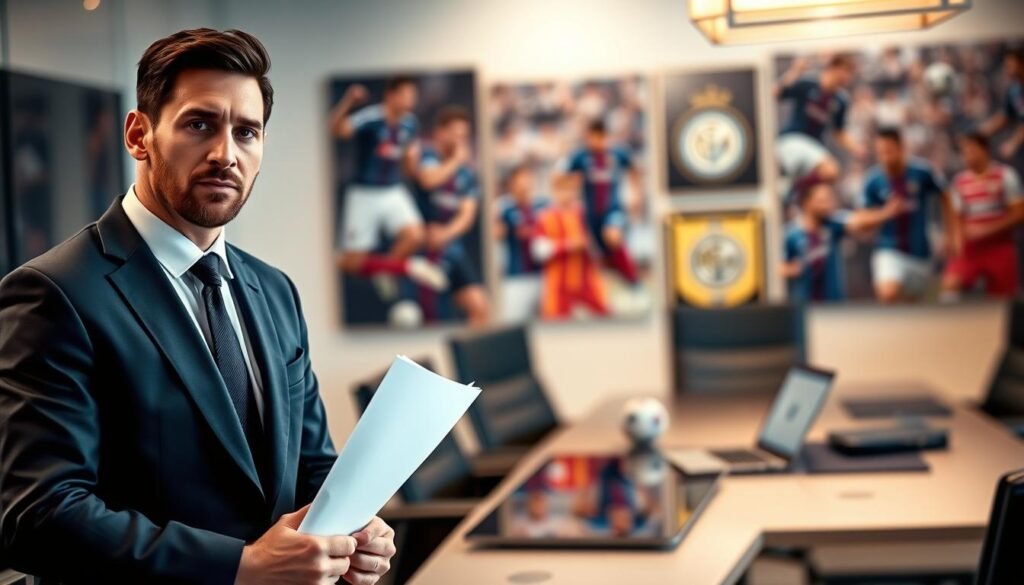 A professional and authoritative setting showcasing the official statement of Lionel Messi's agent regarding the potential extension of Messi's contract with Inter Miami. In the foreground, a confident, middle-aged man in a tailored business suit, holding a document, looks directly at the viewer, embodying sincerity and professionalism. The middle ground features a sleek conference table with a laptop and business paraphernalia, reflecting a corporate atmosphere. The background includes a softly blurred wall adorned with sports memorabilia, showcasing Messi’s iconic moments, adding depth and context to the scene. Soft, warm lighting enhances the serious yet hopeful mood of the image, captured from a slightly elevated angle, inviting the viewer to engage with the critical discussion about Messi's future.