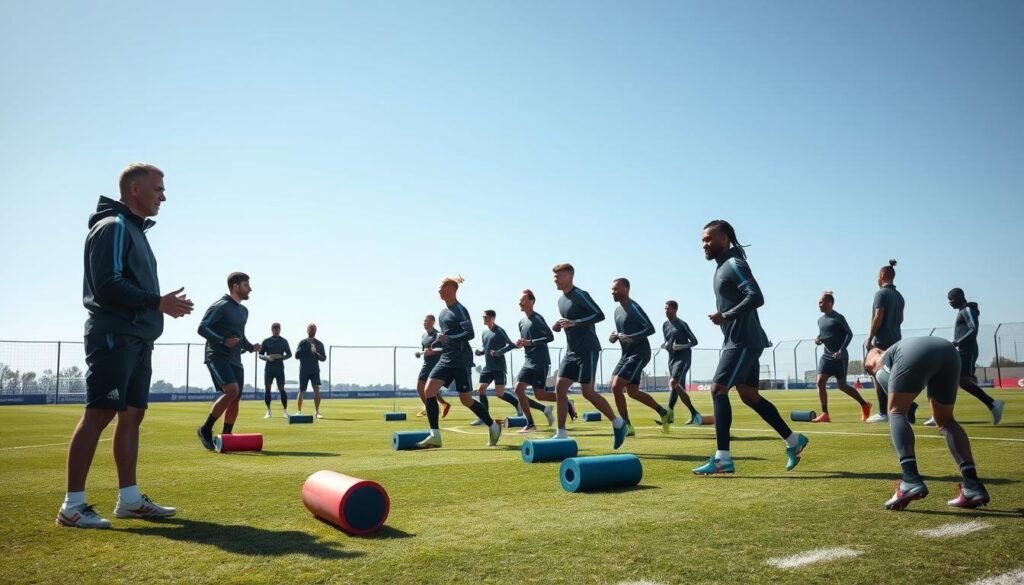 A professional football recovery strategy session, featuring a diverse group of athletes in tracksuits engaging in a variety of recovery exercises on a well-maintained training pitch. In the foreground, a coach demonstrates stretching techniques, while players are seen using foam rollers and resistance bands, showcasing teamwork and focus. The middle ground highlights a small group participating in a light jog, exuding determination. In the background, a clear blue sky complements the vibrant green of the field, creating an uplifting atmosphere. Soft, natural lighting enhances the scene, with a lens angle capturing the camaraderie of the athletes. The overall mood conveys dedication, teamwork, and a commitment to recovery strategies that enhance performance in a competitive league.