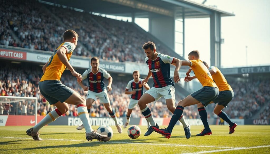 A tense football match scene on a dynamic pitch, showcasing a playmaker from the opposing team, dressed in a professional football kit, surrounded by defenders employing strategic defensive positioning to neutralize his playmaking abilities. In the foreground, a defender applies pressure with focused intensity, while in the middle ground, the playmaker appears frustrated, attempting to find an escape route. The background features a packed stadium with cheering fans, captured in bright daylight, emphasizing the high stakes of the game. The atmosphere is charged with tension and strategy, evoking emotions of determination and frustration. The angle is slightly low, highlighting the athletes' movements, with a lens that focuses sharply on the subjects while softly blurring the background, creating depth.