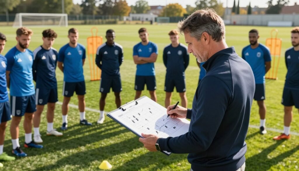 A professional football coach stands at the forefront of the image, intensely analyzing a tactical board filled with player positions and strategies. Dressed in a smart casual outfit, he exudes focus and determination. In the middle ground, a diverse group of players in training gear observes attentively, absorbing the coach’s insights. The background showcases a well-maintained football pitch under bright daylight, with goalposts and training cones subtly positioned. Soft shadows cast by the afternoon sun create a warm, dynamic atmosphere. The scene captures a moment of preparation and strategy, emphasizing teamwork and tactical awareness vital for success in the game. The composition should have a slightly low angle to empower the coach's commanding presence, while being crisp and clear, enhancing the professional sports environment.